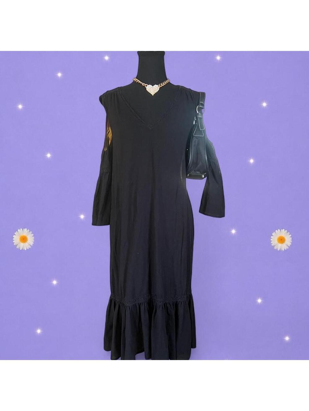 Vintage Trina Turk Black Whimsygoth Boho Cold Shoulder Midi Dress size medium 🖤